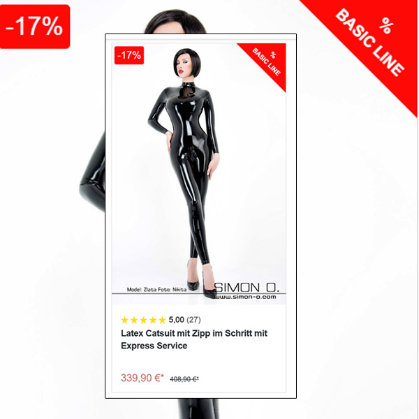 A dark-haired woman wears a skin-tight, shiny black latex catsuit and black high heels. At the top you can see a red banner indicating a price advantage.