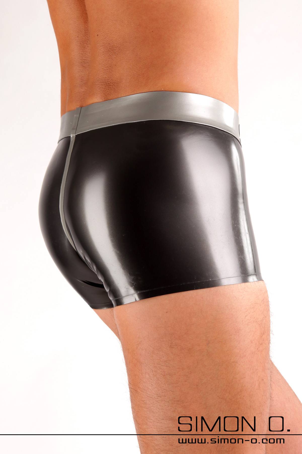 Butt in tight shiny latex shorts - silver with metallic dark grey