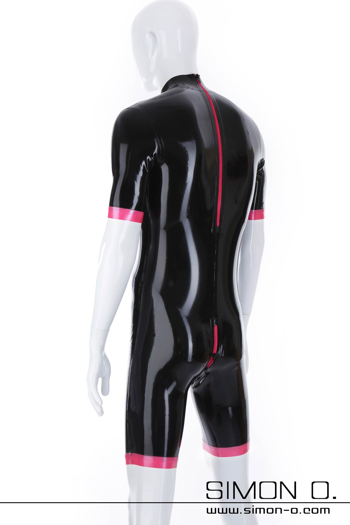 Latex Surf Suit in Schwarz mit Zipp im Schritt und Kontrastfarbe an Armen und Beinen von hinten gesehen