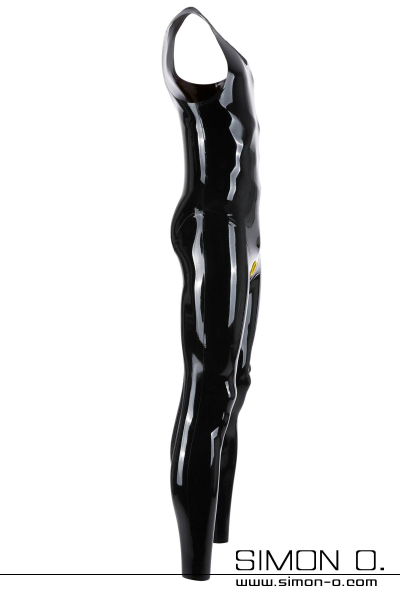 Shiny black latex suit for men with round neckline and with cock ring