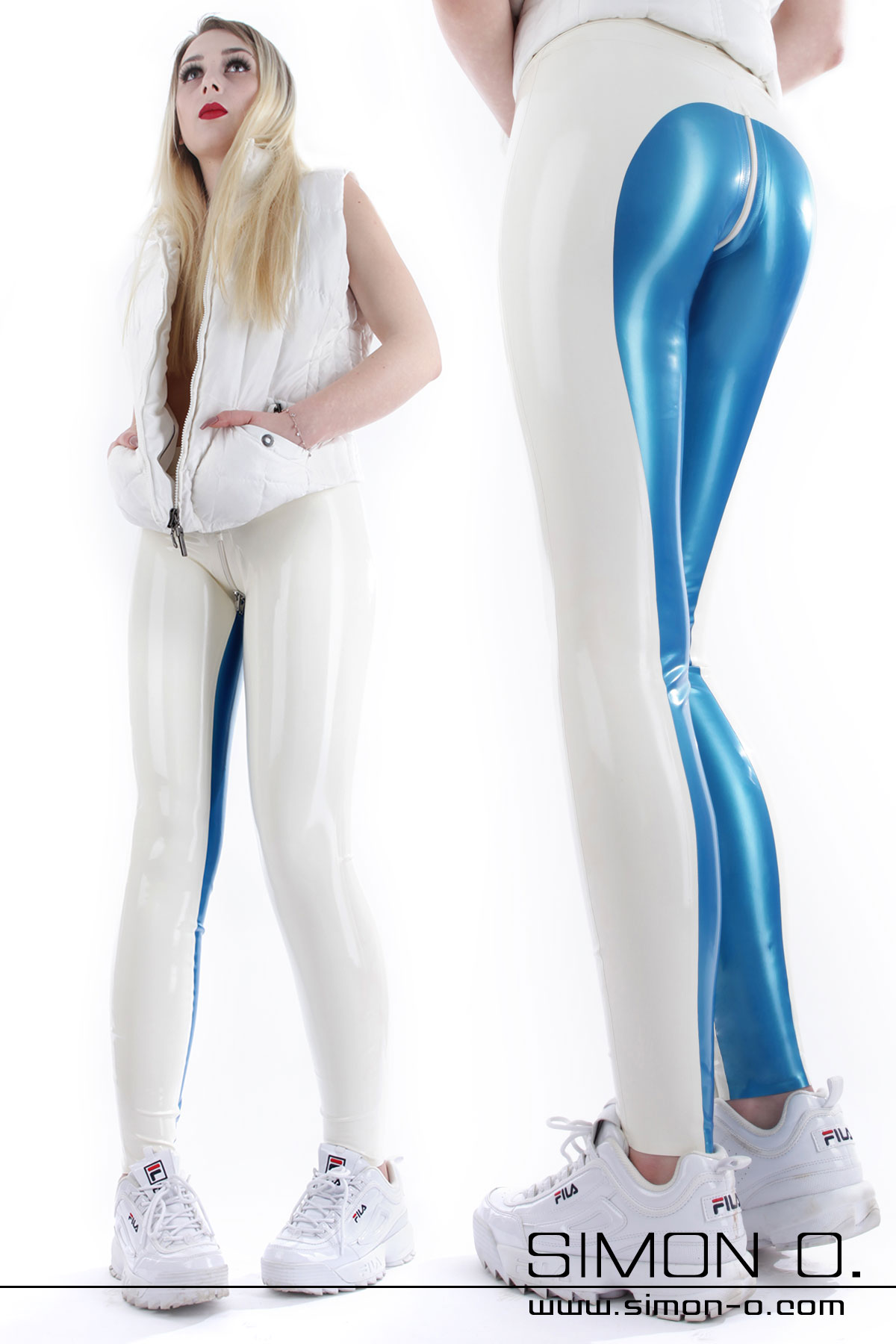 White latex leggings with double slider crotch zipper - Latex Magic